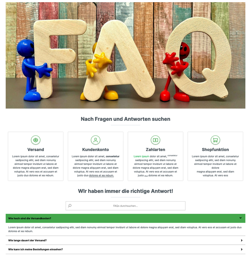 FAQ-Bereich im Frontend mit Kategorien und Suchfeld