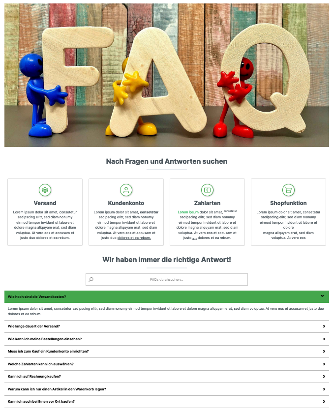 Screenshot des FAQ-Bereichs für Shopware 6 mit Such- und Kategoriefilter