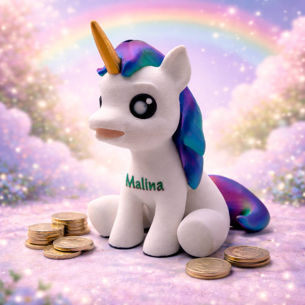 Einhorn-Spardose mit Namen – personalisiert im 3D-Druck