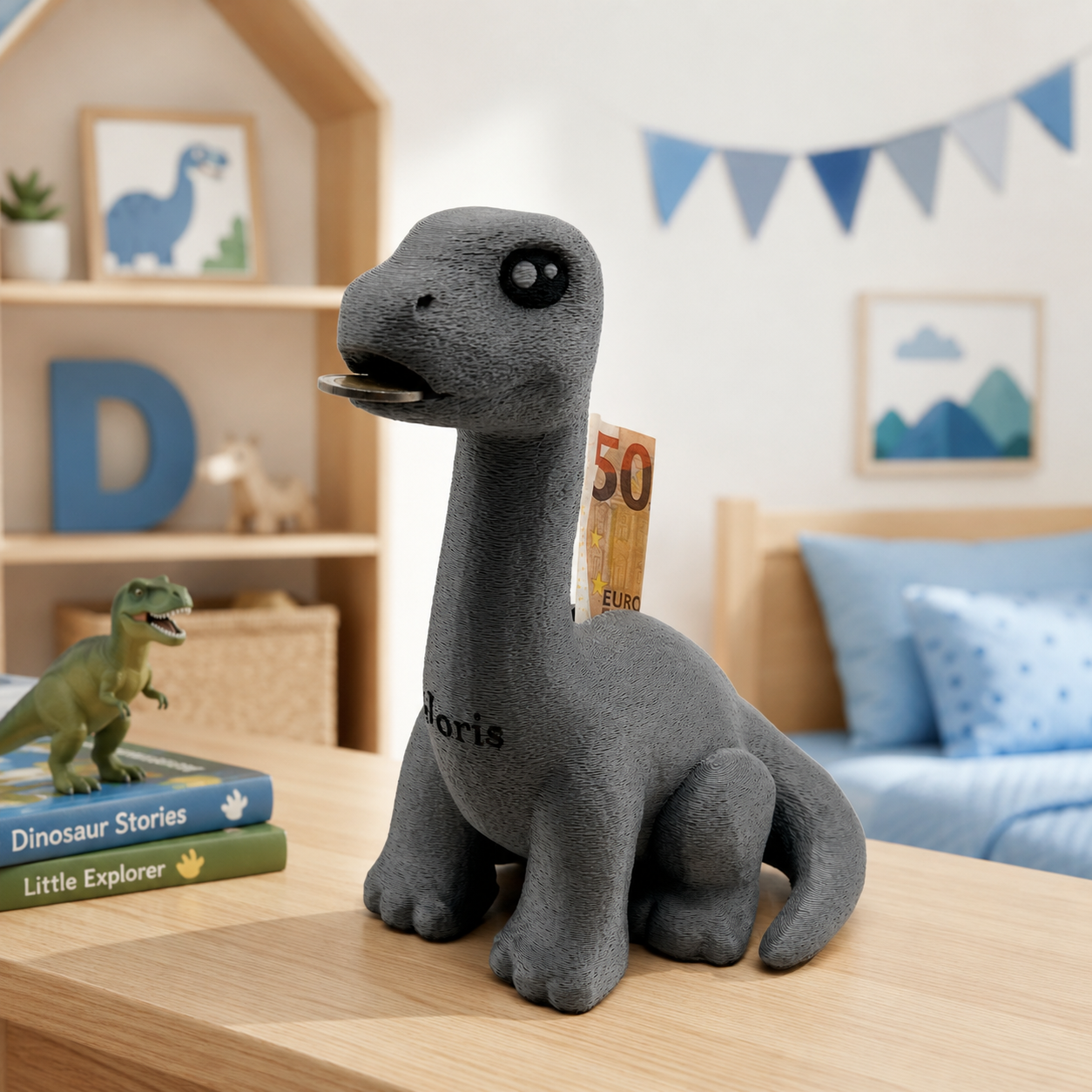 Spardose Dino – 3D-Druck, personalisiert mit Namen