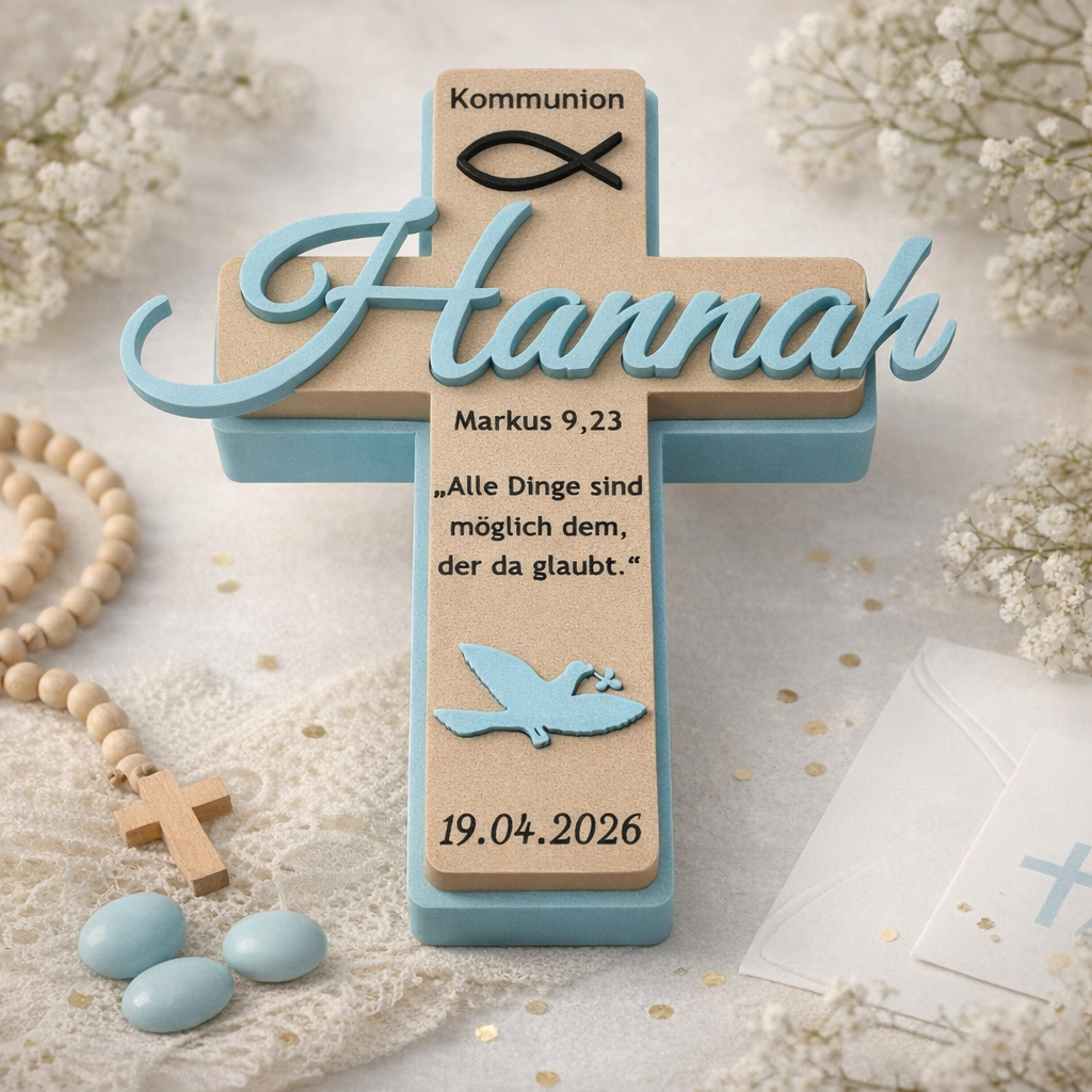 Personalisiertes Kreuz aus dem 3D-Druck mit Name, Bibelvers und Datum als Geschenk zur Kommunion