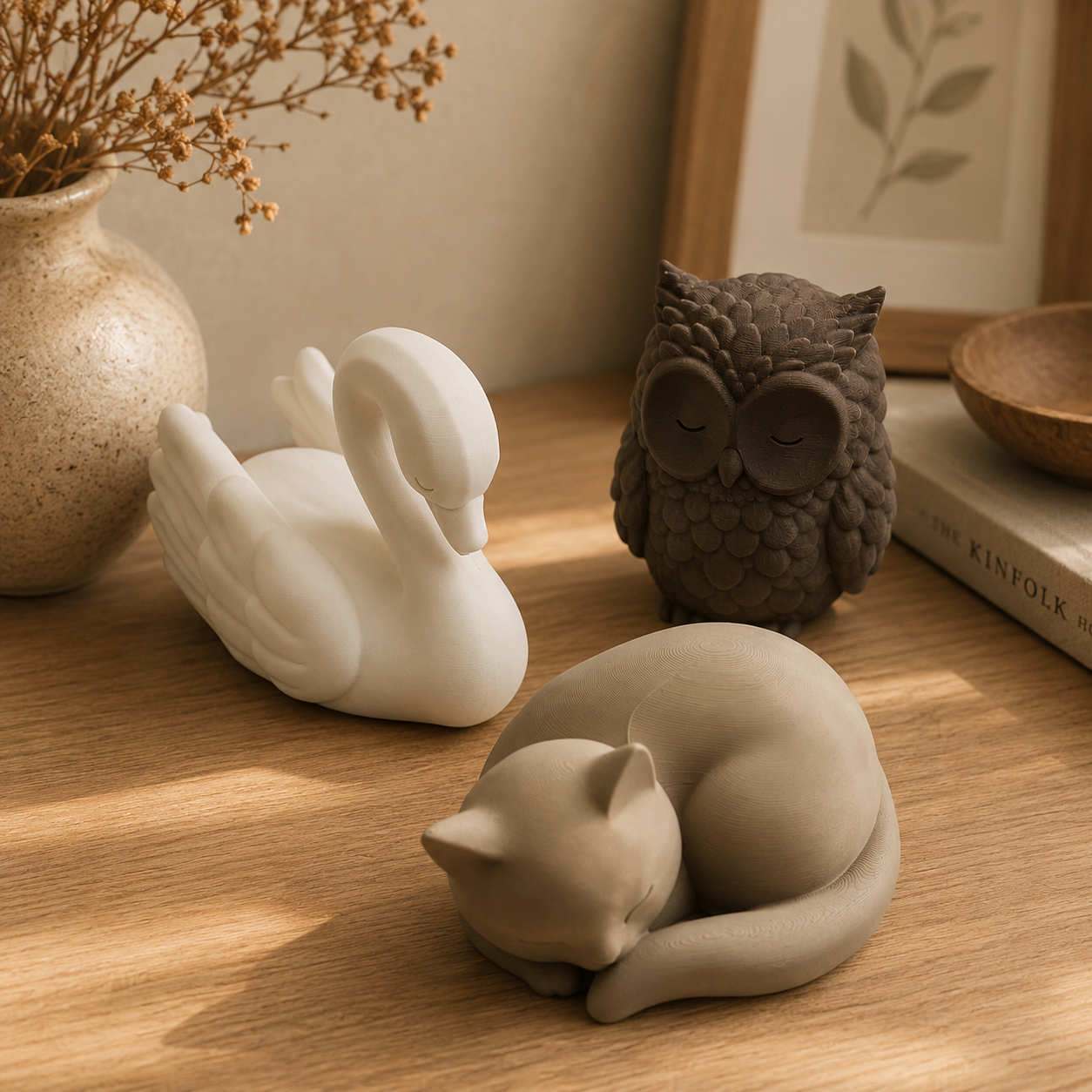 Elegante Tierfiguren im Japandi-Stil – Schwan, Eule & Katze