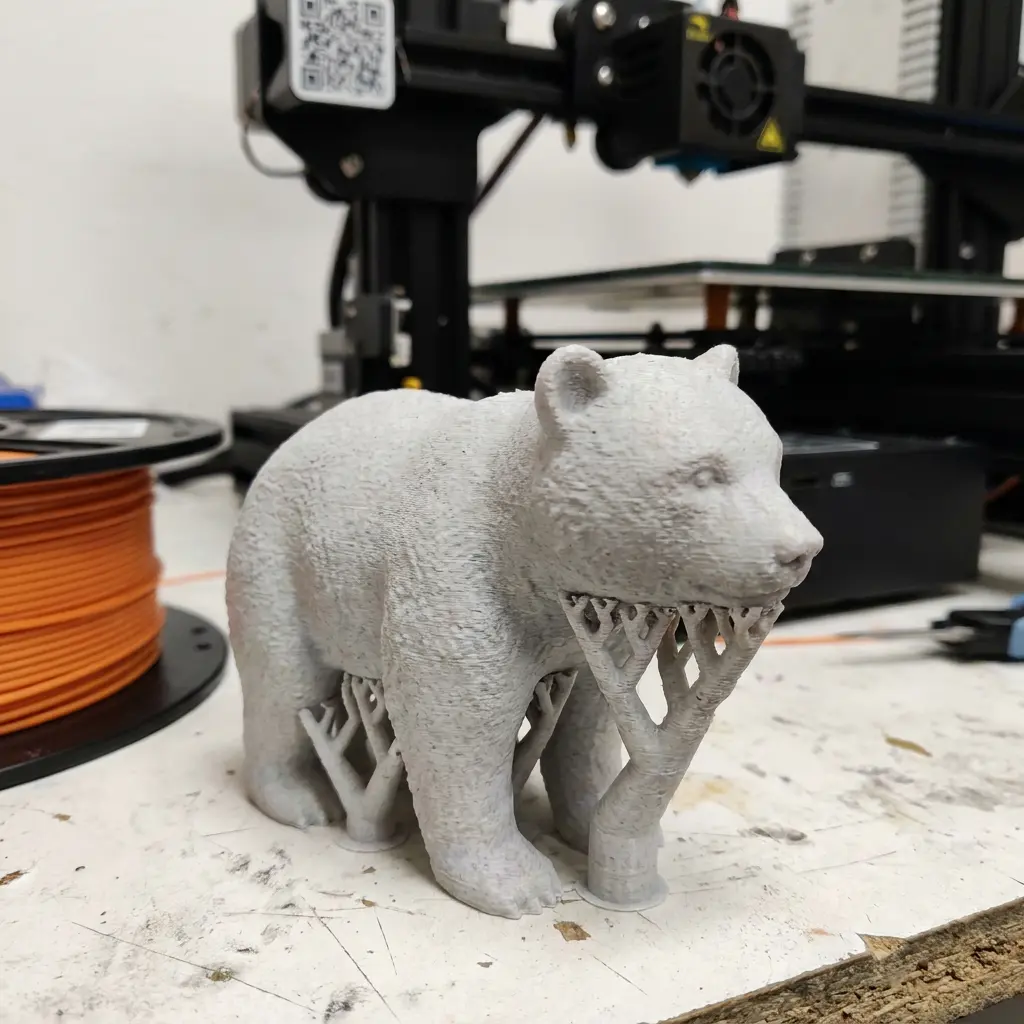Detailaufnahme eines frisch gedruckten 3D‑Druck‑Objekts mit sichtbaren Stützen