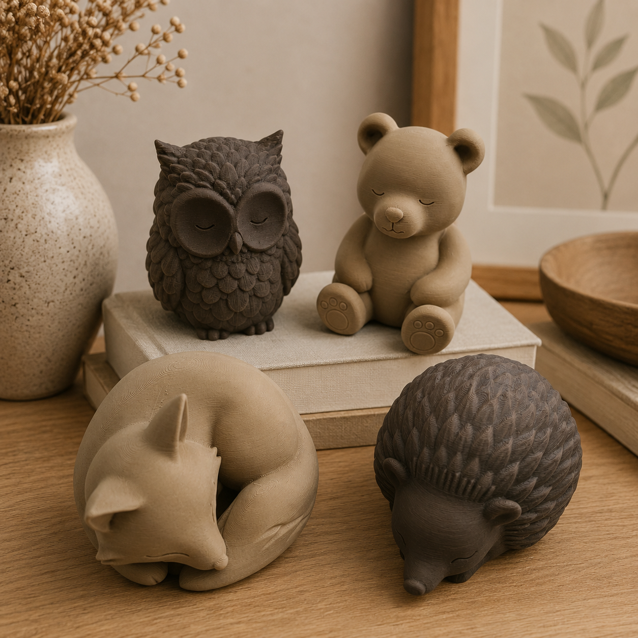 Waldtier-Figuren im Japandi-Stil – Fuchs, Eule, Igel & Bär