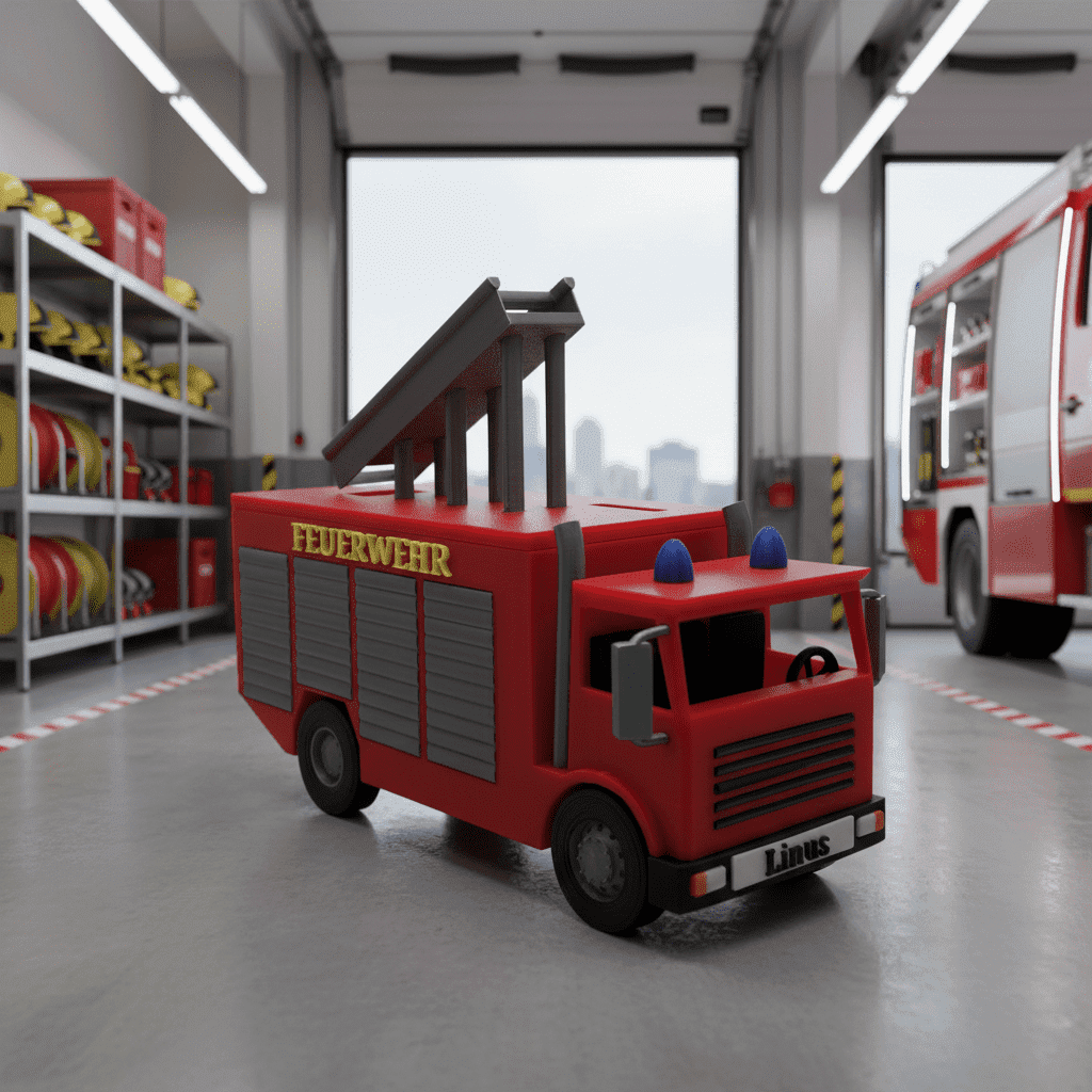 Spardose Feuerwehrauto – personalisiert im 3D-Druck