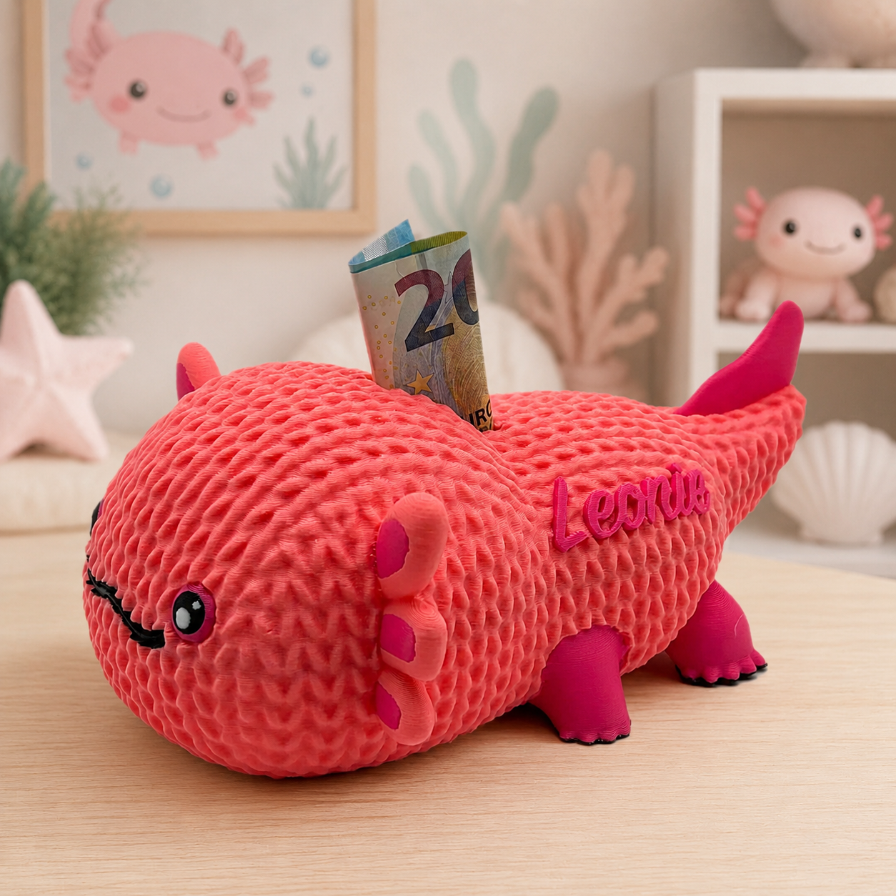 Axolotl-Spardose in Strickoptik aus dem 3D-Druck, personalisiert mit Wunschnamen