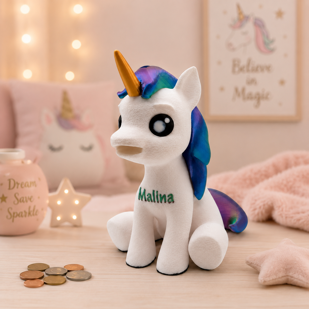 Einhorn-Spardose aus PLA im 3D-Druck, personalisiert mit Namen, Sparschwein fürs Kinderzimmer
