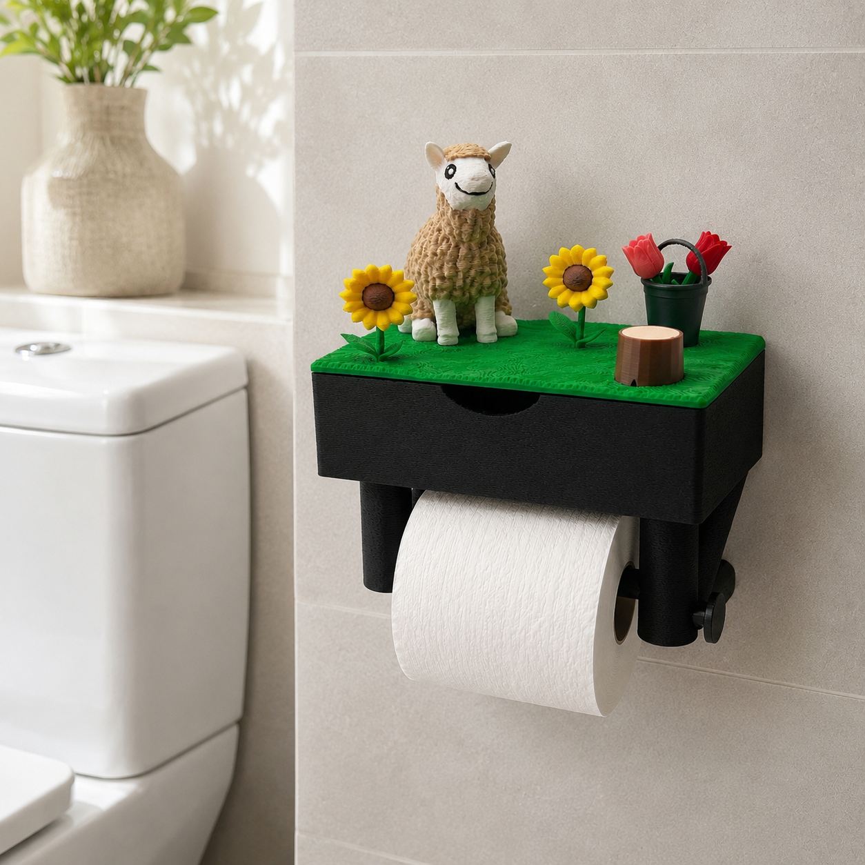 Toilettenpapierhalter Tiermotiv und Wiesendekoration - ohne Bohren – mit optionaler Box & Magnet