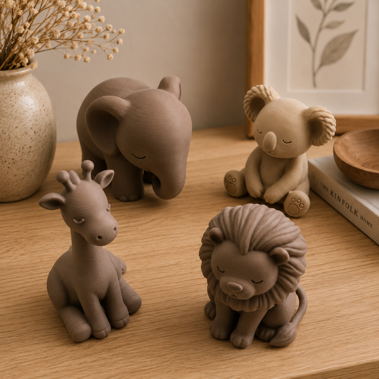 Safari Tierfiguren im Japandi-Stil – Giraffe, Elefant, Löwe & Koala